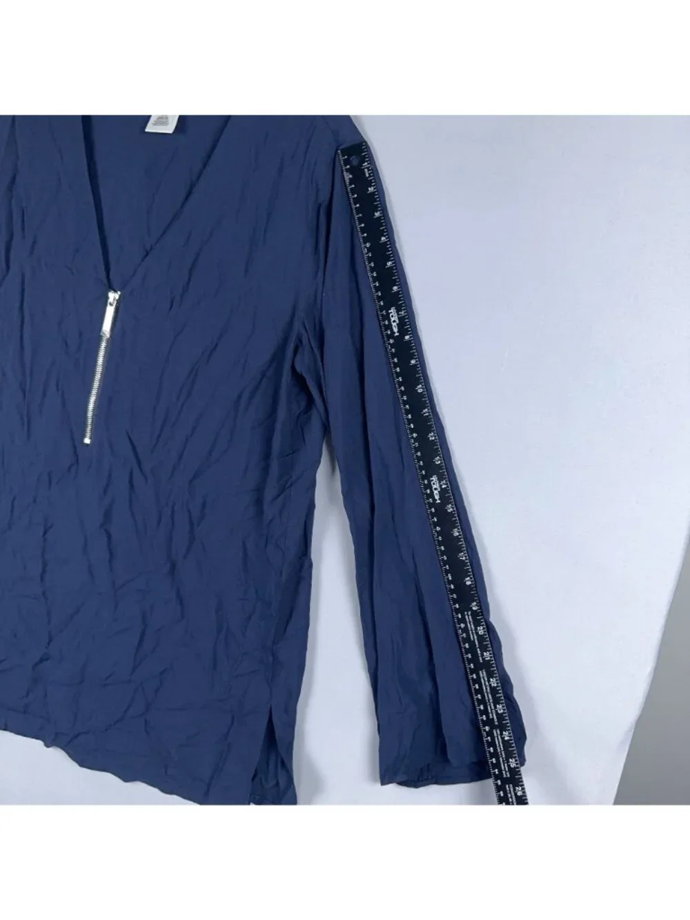 Michael Kors Tunic Blouse Top Size Large Navy Long Sleeve Quarter Zip V Neck